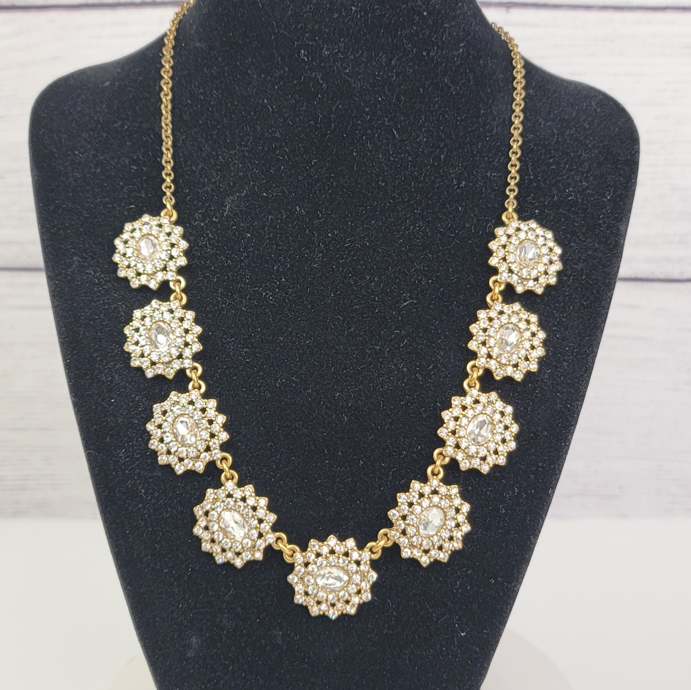 J Crew Necklace Gold-tone Clear Crystal Flower Rhinestones Statement Necklace